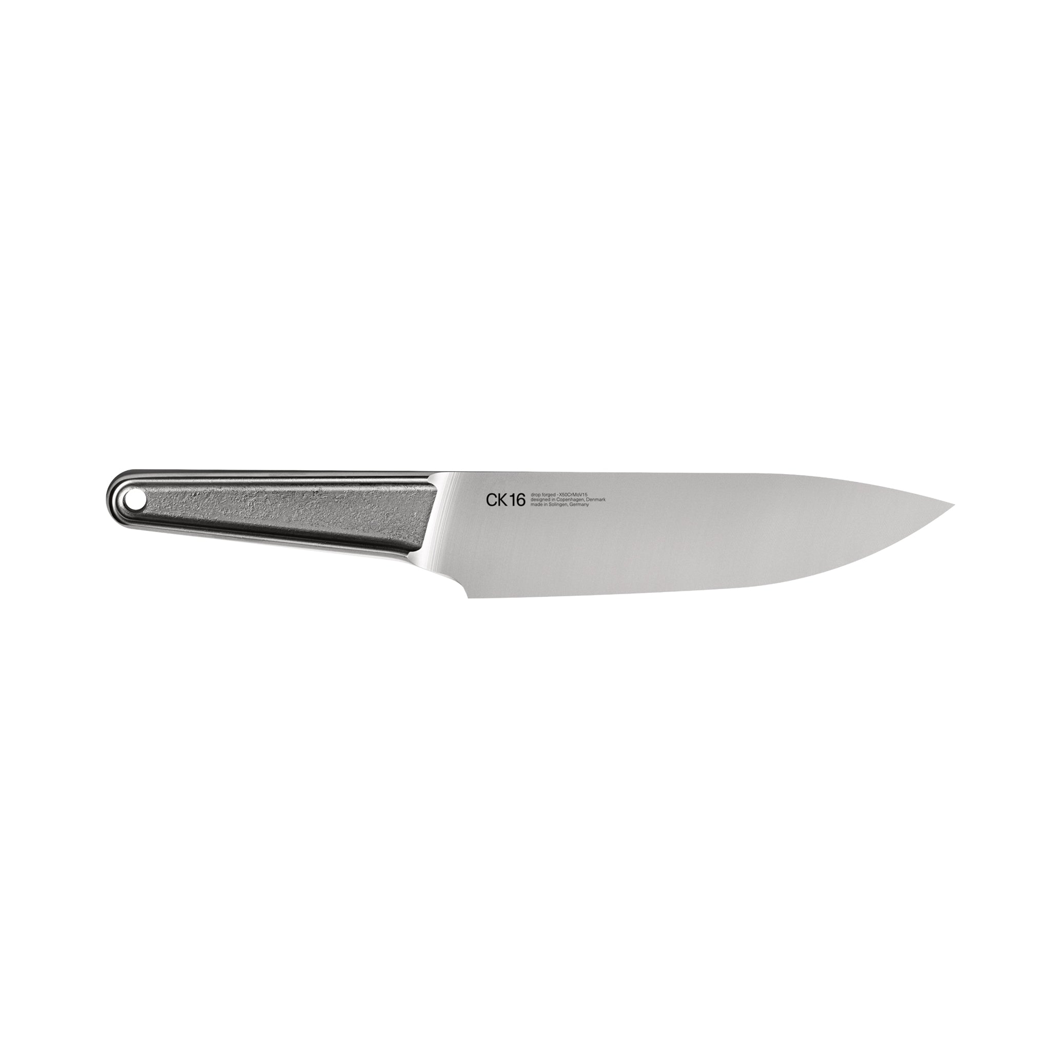 Geschmiedetes Kochmesser CK16 von Veark Ansicht der rechten Klingenseite mit Firmenlogo