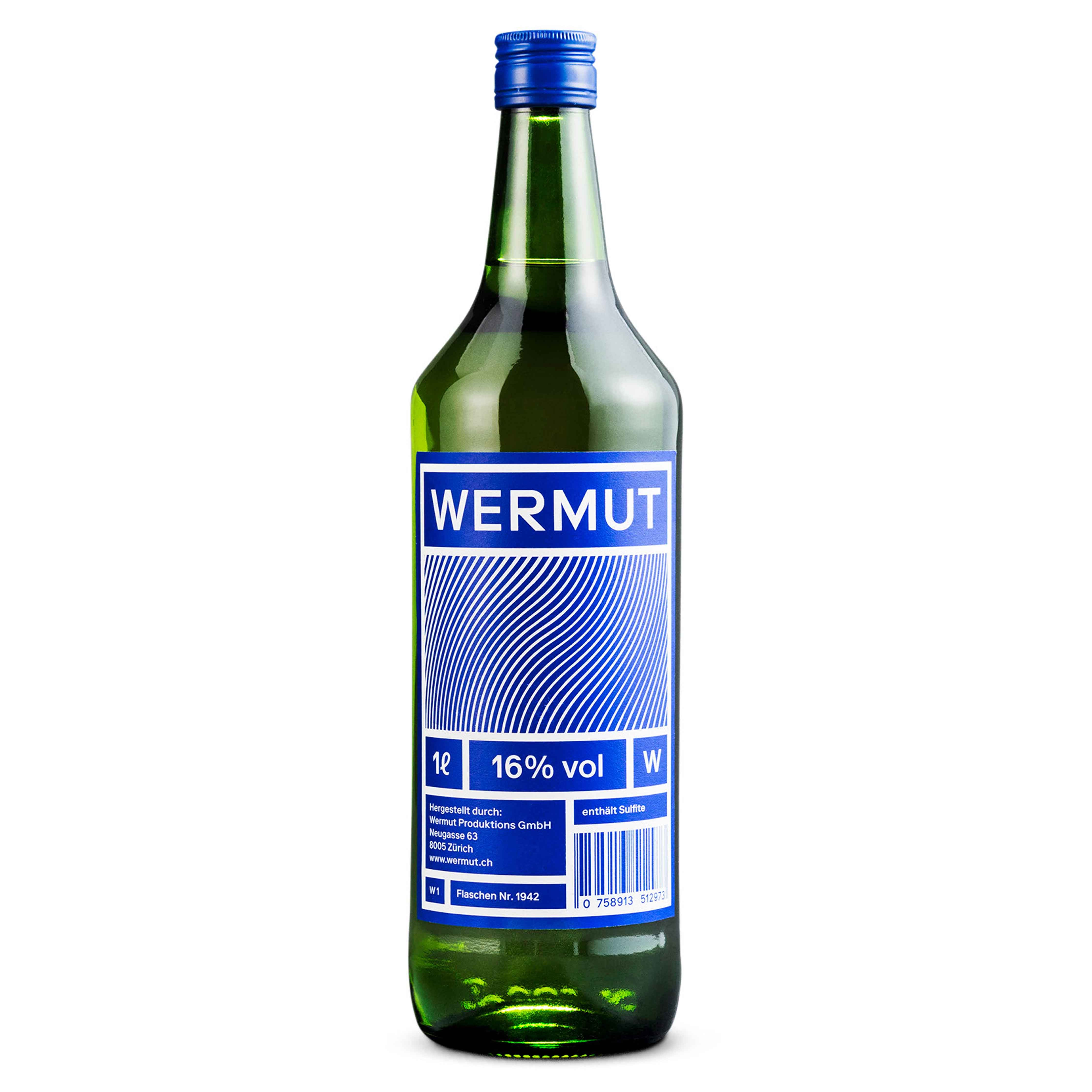 Weisser Wermut in einer grünen 1 Liter Flasche mit blauem Etikett