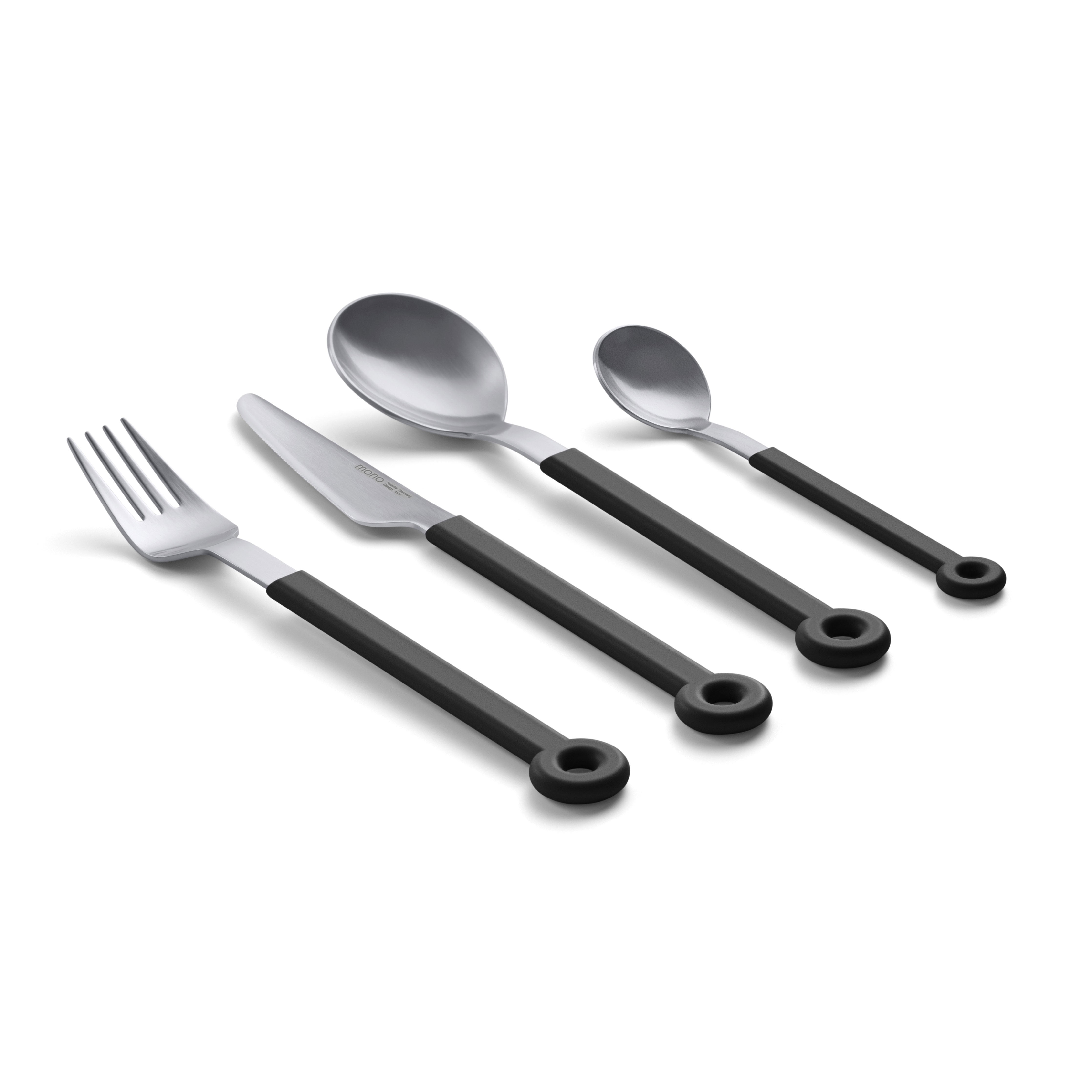 Schwarzes Mono Ring Tafelbesteck 4tlg in perspektivischer Ansicht