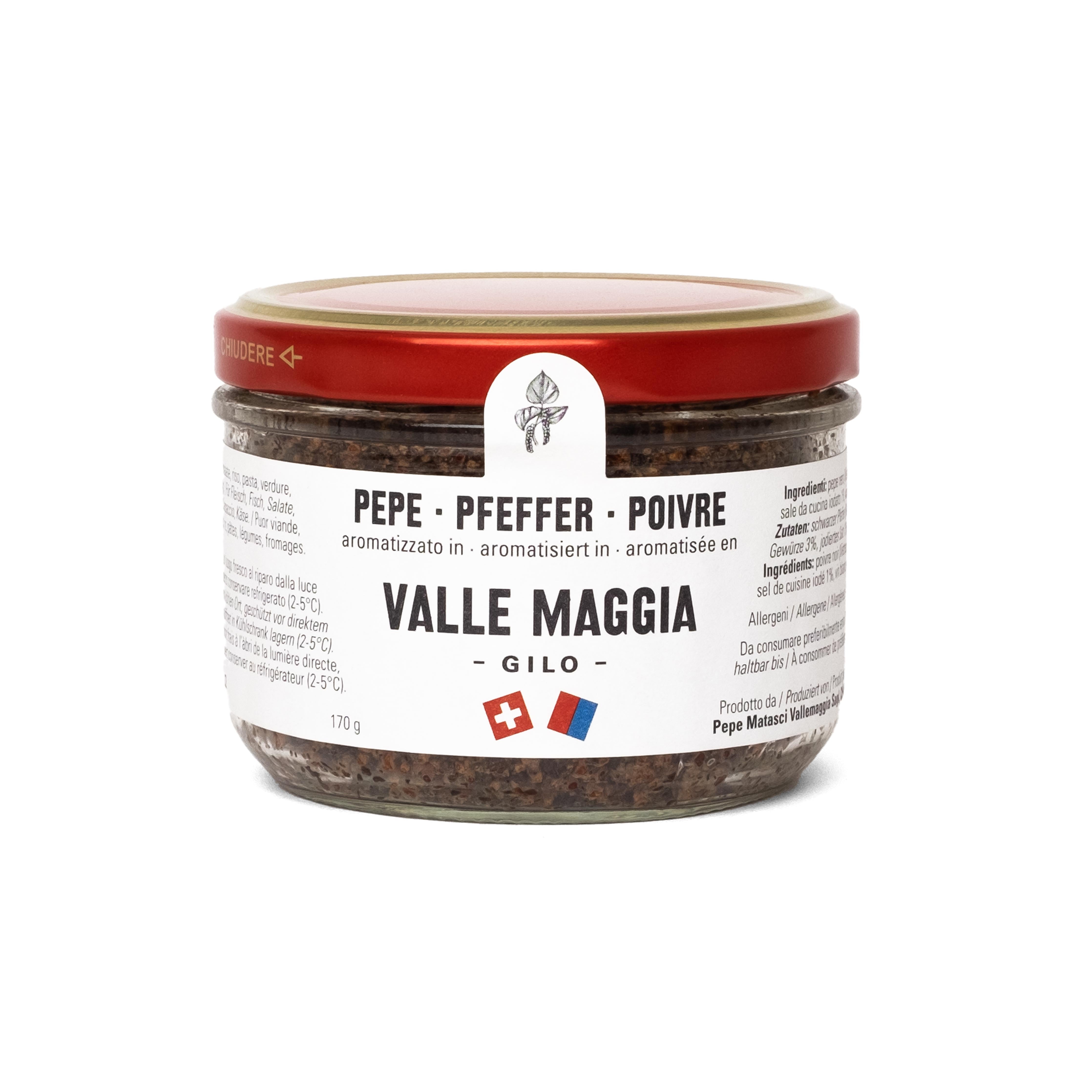Frontanasicht des Pepe Valle Maggia Pfeffers in einer Glasdose