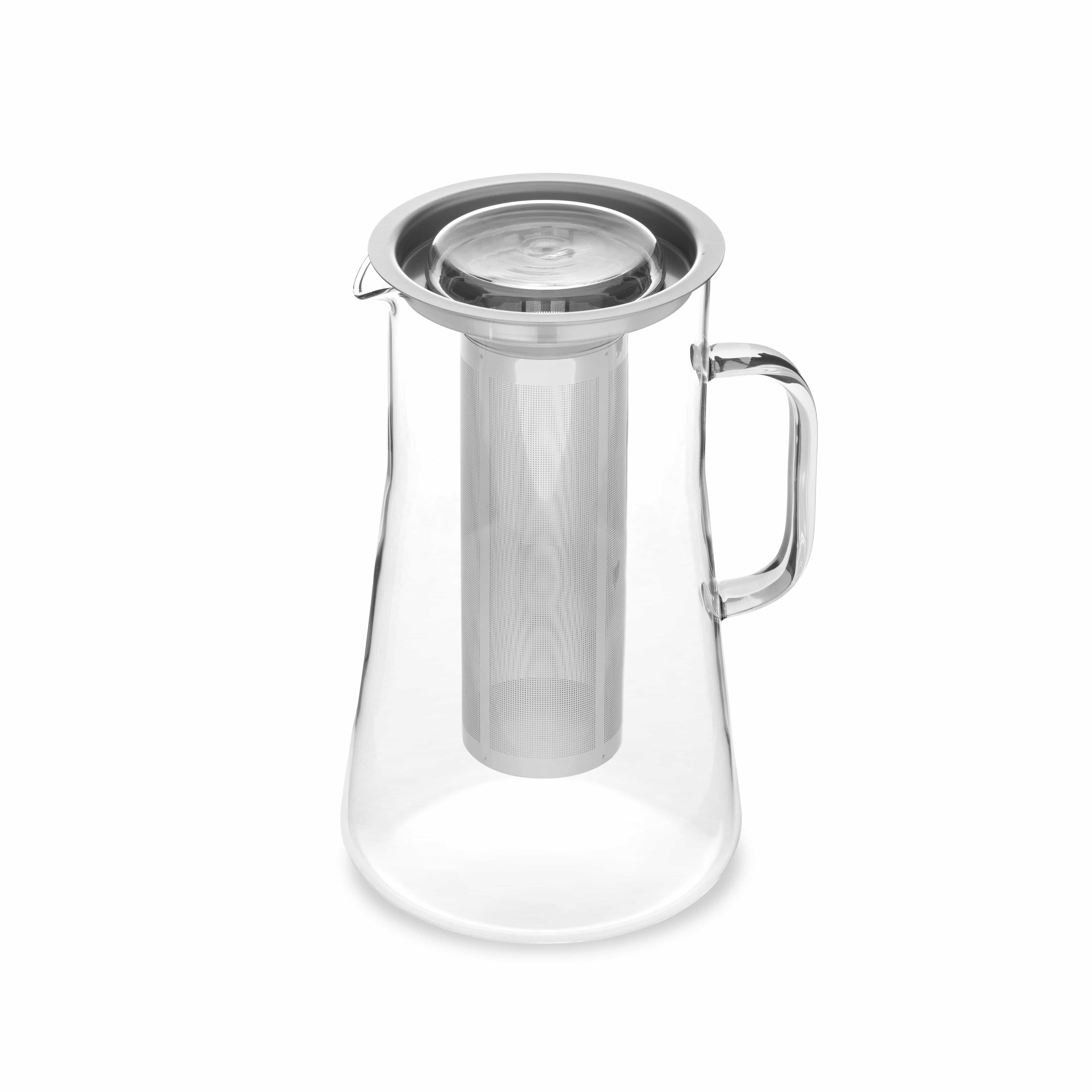 Aufsicht auf den Glaskrug aus Borosilikatglas mit Edelstahlfilter von Trendglas Jena