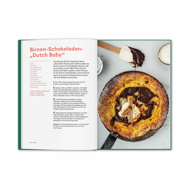 Rezeptanleitung für Birnen Schokoladen Dutch Baby Seite 160 und 161 aus dem Kochbuch Fresh and Simple
