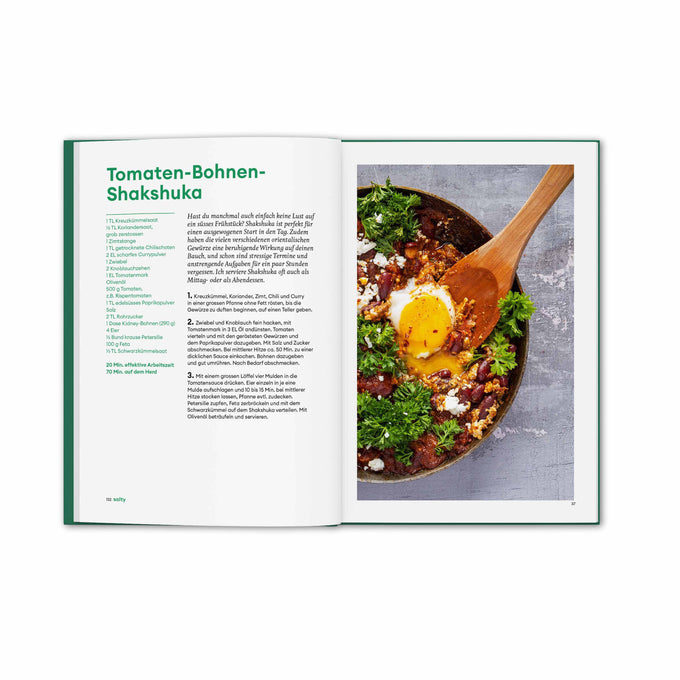 Rezeptanleitung für Tomaten Bohnen Shakshuka Seite 132 und 133 aus dem Kochbuch Fresh and Simple