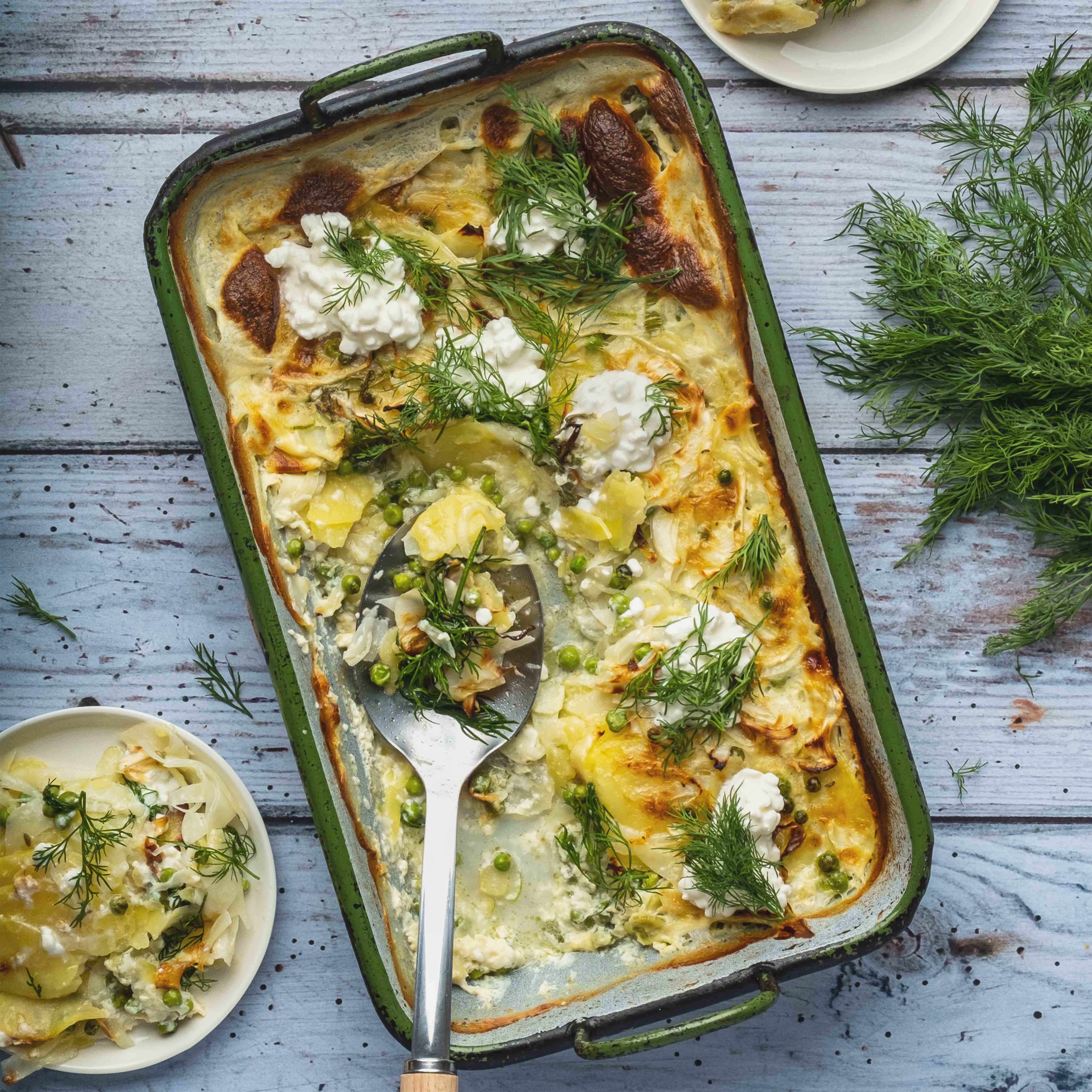 Erbsen-Fenchel-Auflauf in rechteckiger Ofenform, garniert mit Dill