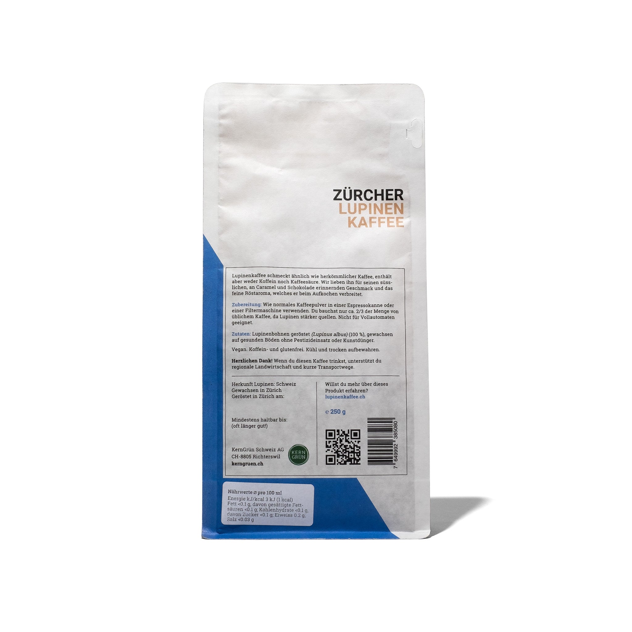 Packshot des Zuercher Lupinenkaffees von Gruenkern 250gr. Rueckseite
