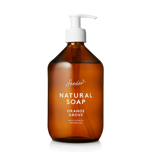 Frontansicht der 500ml Natural Soap Orange Grove Flasche mit