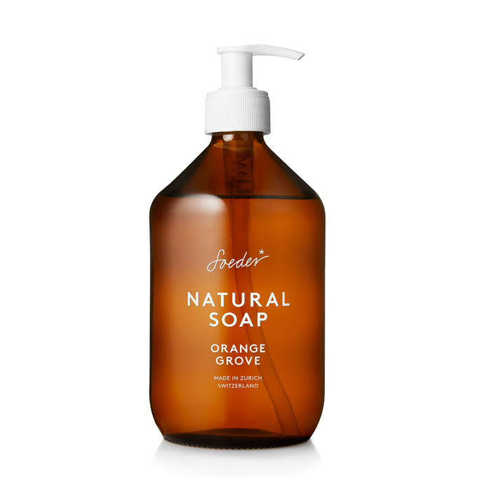 Frontansicht der 500ml Natural Soap Orange Grove Flasche mit