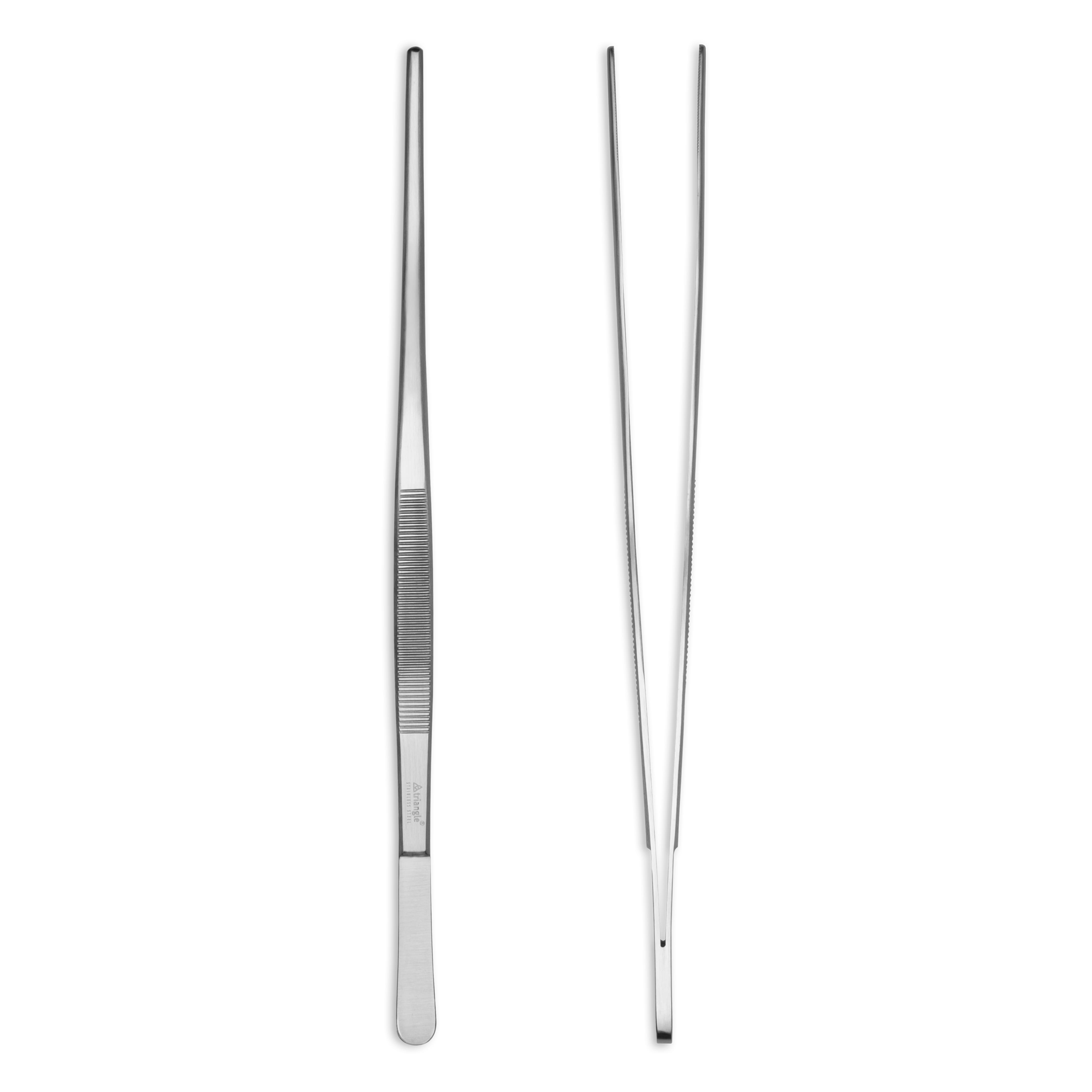 Triangel Grillpinzette M 30cm in einer Abbildung von oben und von der Seite auf weissem Untergrund