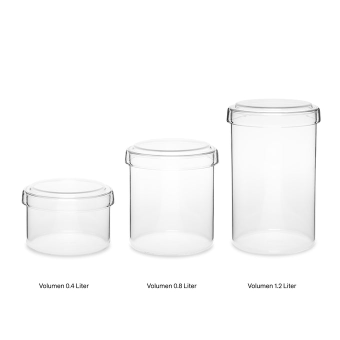 Darstellung der verschiedenen Volumeninhalte der Vorratsdosen aus Borosilikatglas