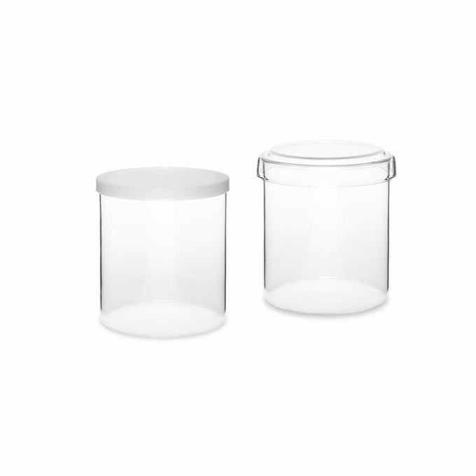 Darstellung der zwei verschiedenen Deckelarten aus Glas und Kunststoff der Vorratsdosen aus Borosilikatglas