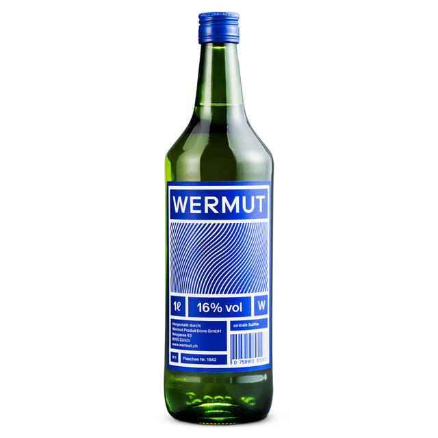 Weisser Wermut in einer grünen 1 Liter Flasche mit blauem Etikett