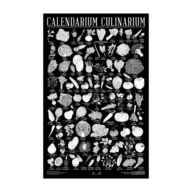Gesamtansicht des schwarz weissen Calendarium Culinarium Saisonkalenders mit 100 heimischen Obts- und Gemüsesorten