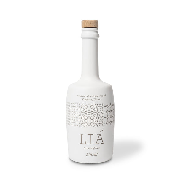 Frontansicht der Lia Olivenöl Flasche in weiss mit 0.5 Liter Inhalt