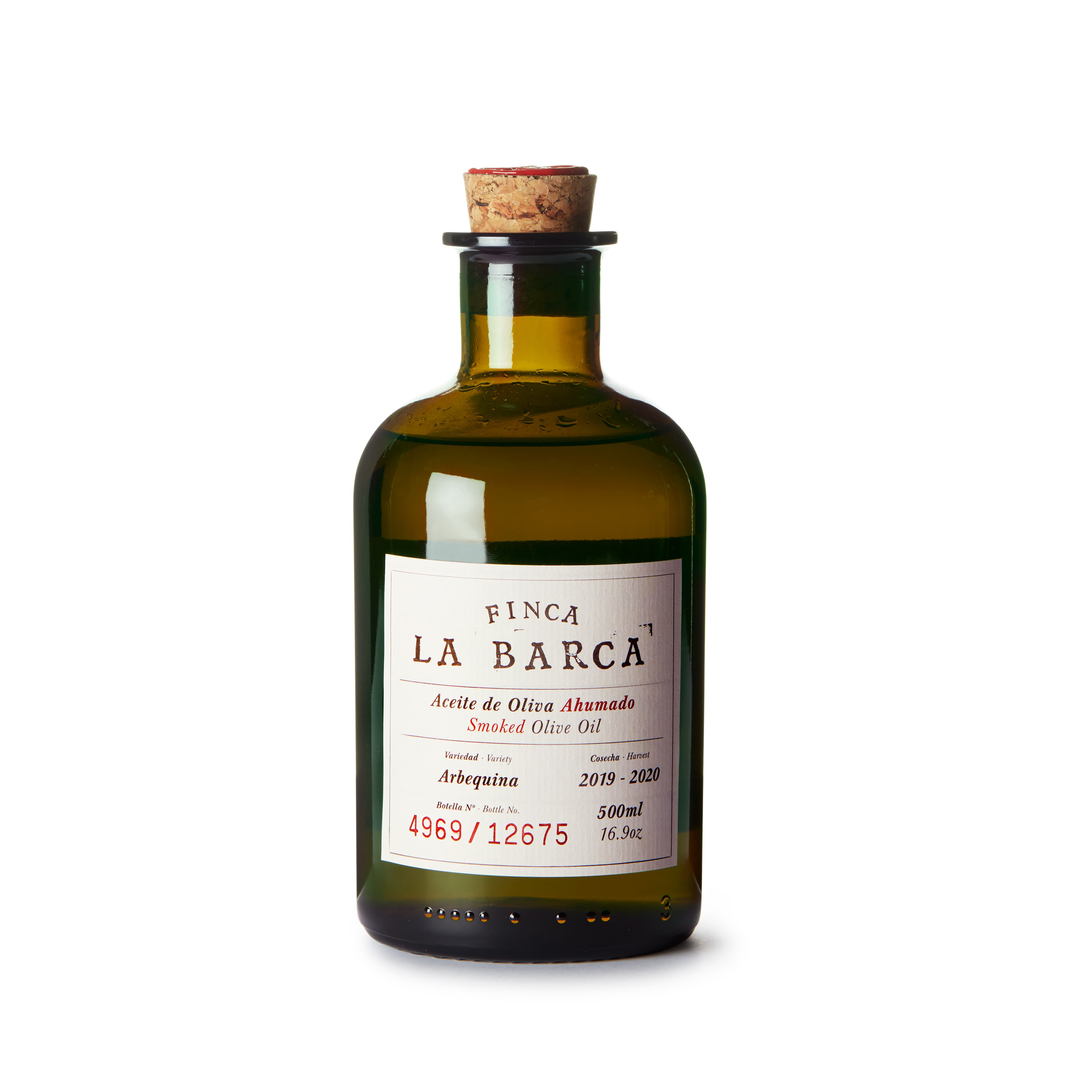 Frontansicht der Flasche des Finca la Barca geräuchertes Olivenöl 
