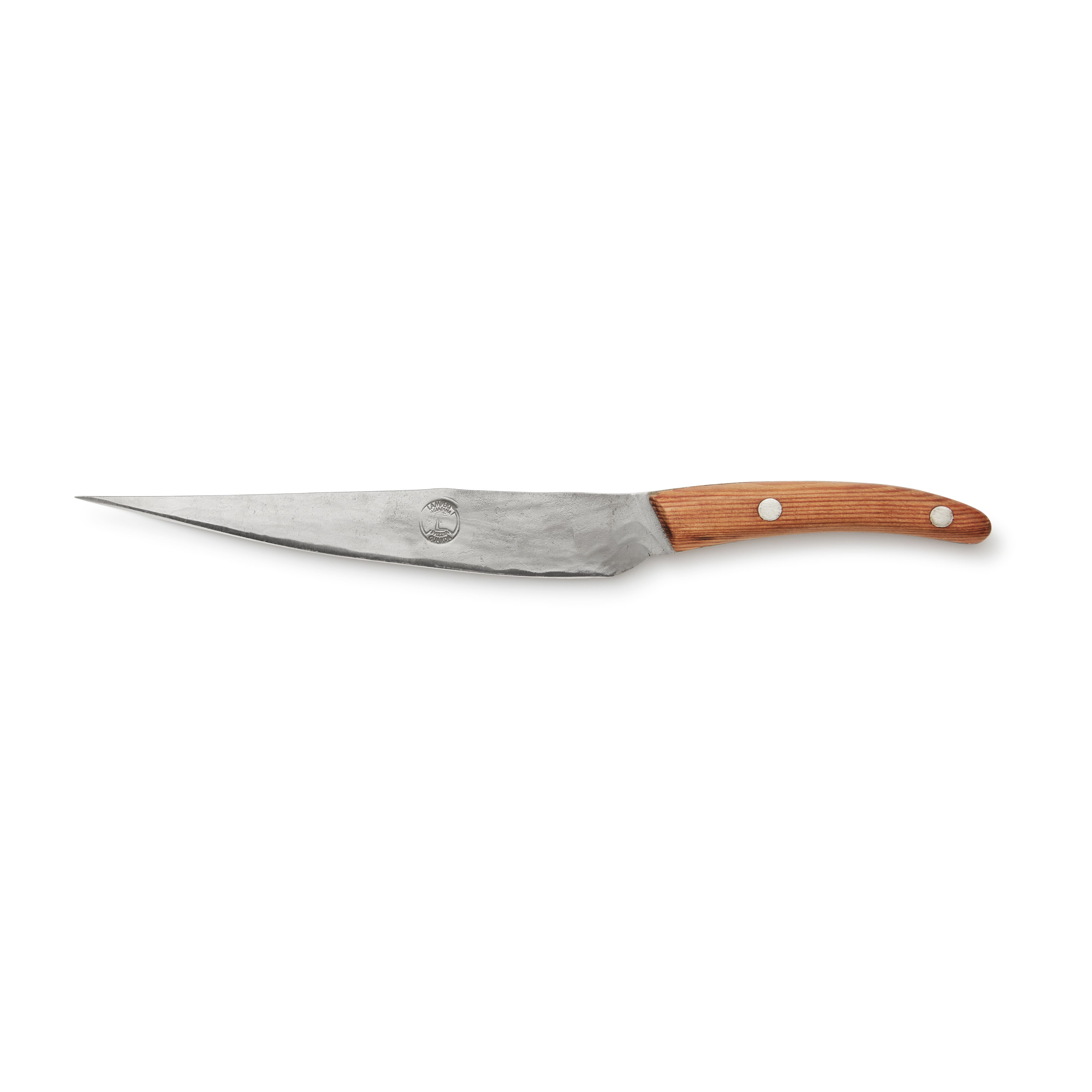 Ansicht des handgeschmiedeten Fleischmessers von Thomas Lampert von der linken Klingenseite mit Firmenlogo