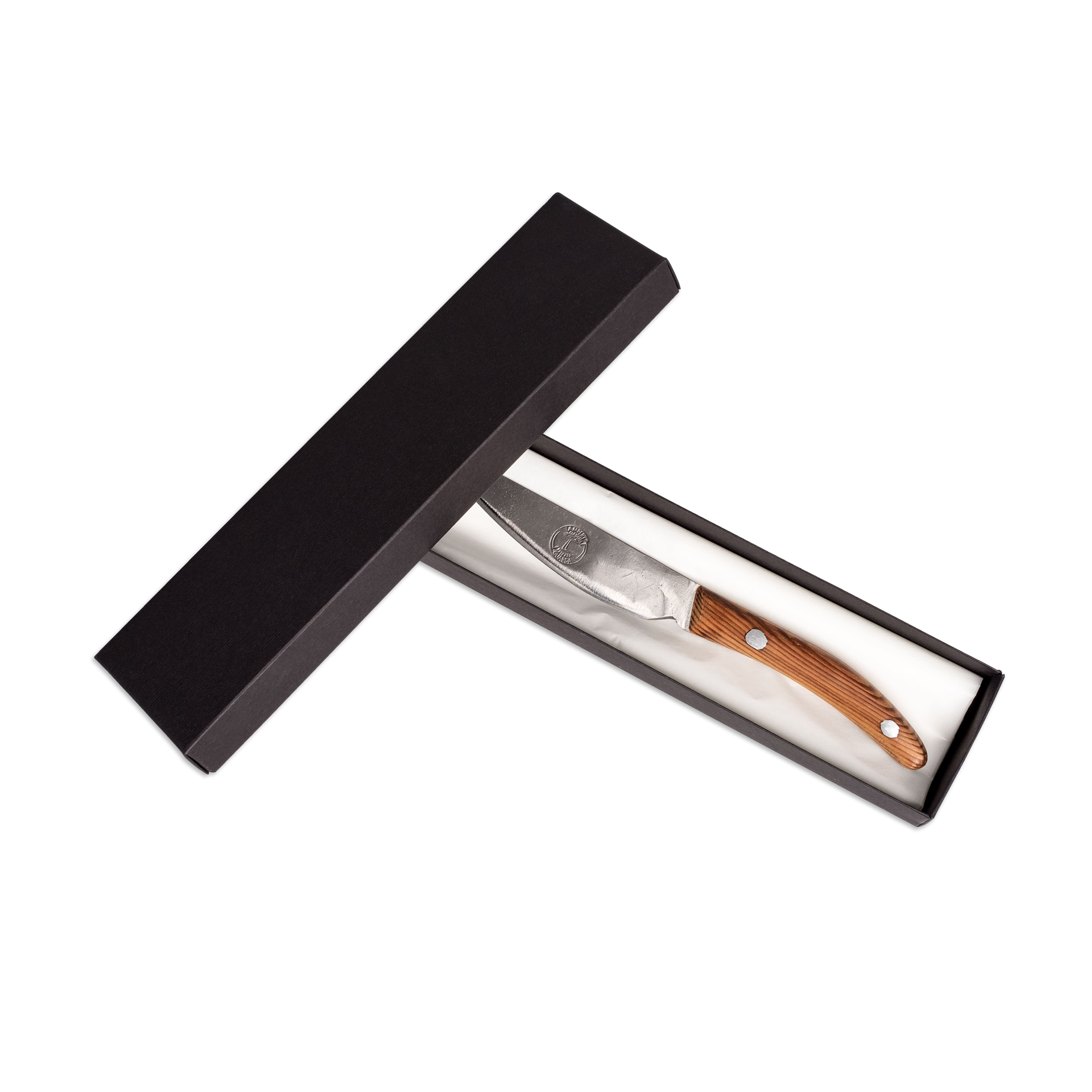 Ansicht des grossen Rüstmessers von Thomas Lampert in einer schwarzen Geschenkverpackung