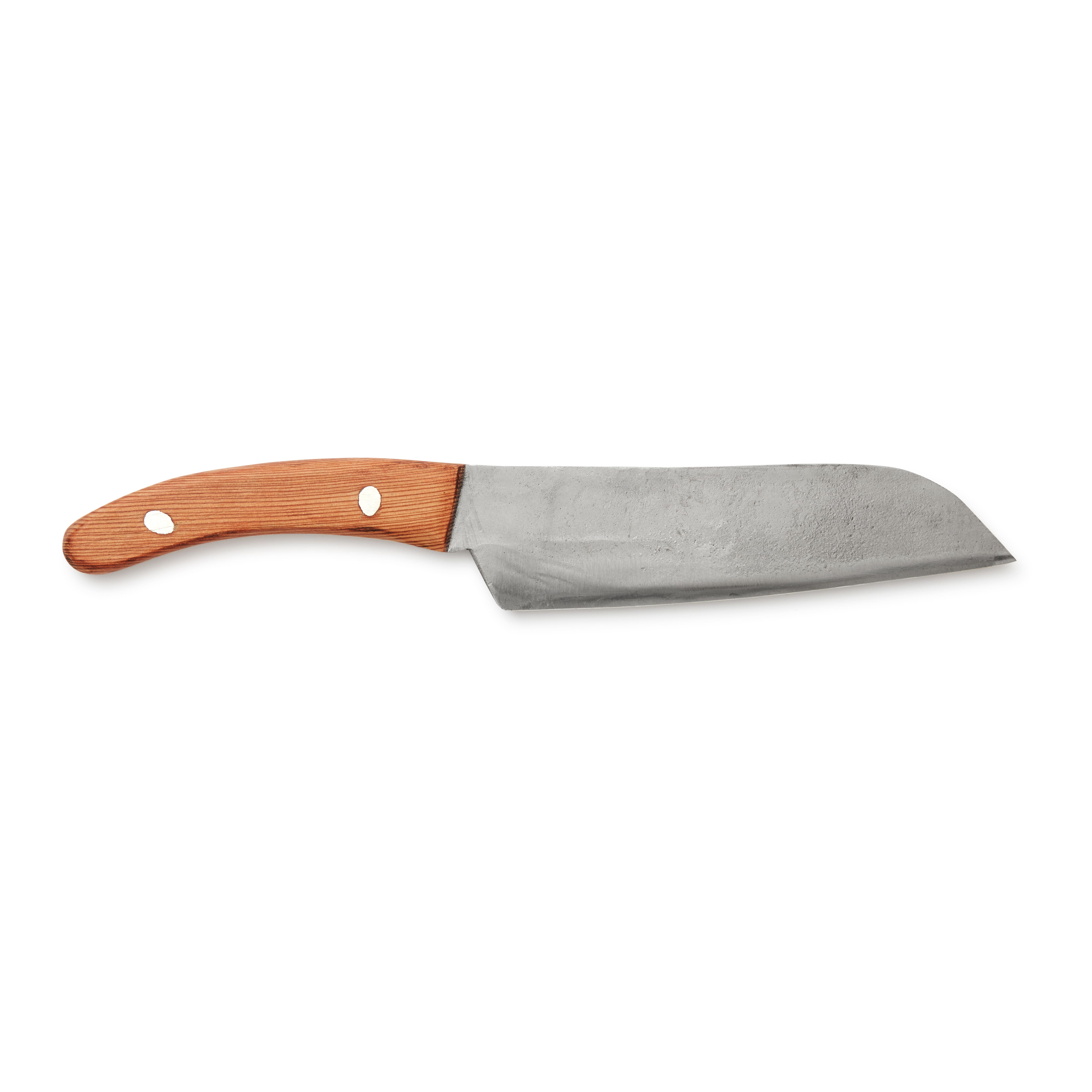 Ansicht des handgeschmiedeten grossen Küchenmessers von Thomas Lampert von der rechten Klingenseite mit Firmenlogo