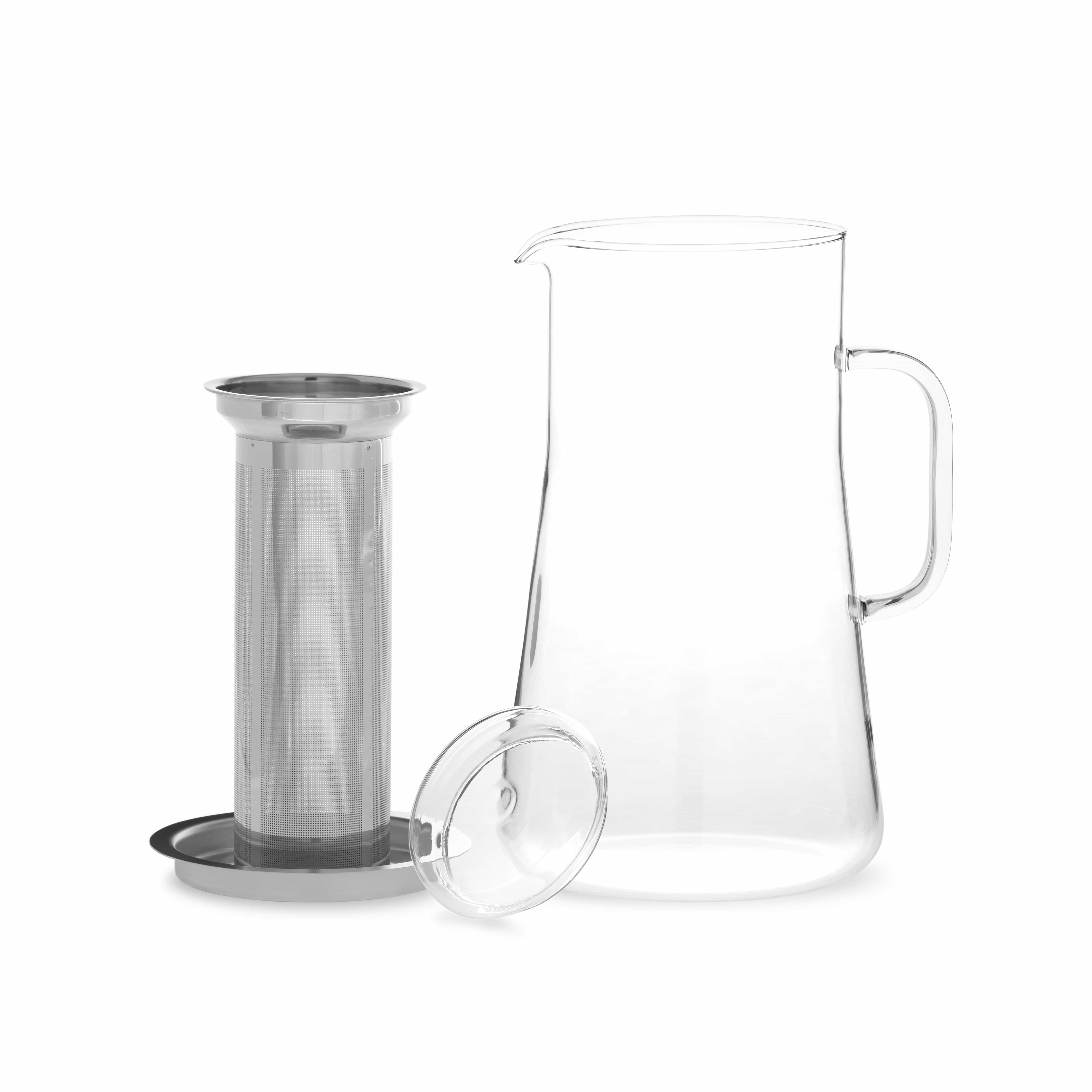 Ansicht der 4 Einzelteile des Glaskrug aus Borosilikatglas mit Edelstahlfilter von Trendglas Jena