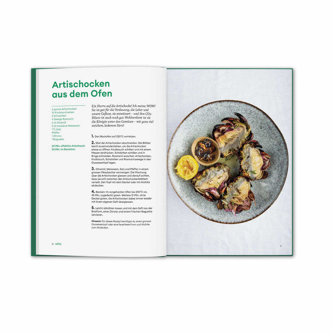 Rezeptanleitung für Artischocken aus dem Ofen Seite 14 und 15 aus dem Kochbuch Fresh and Simple