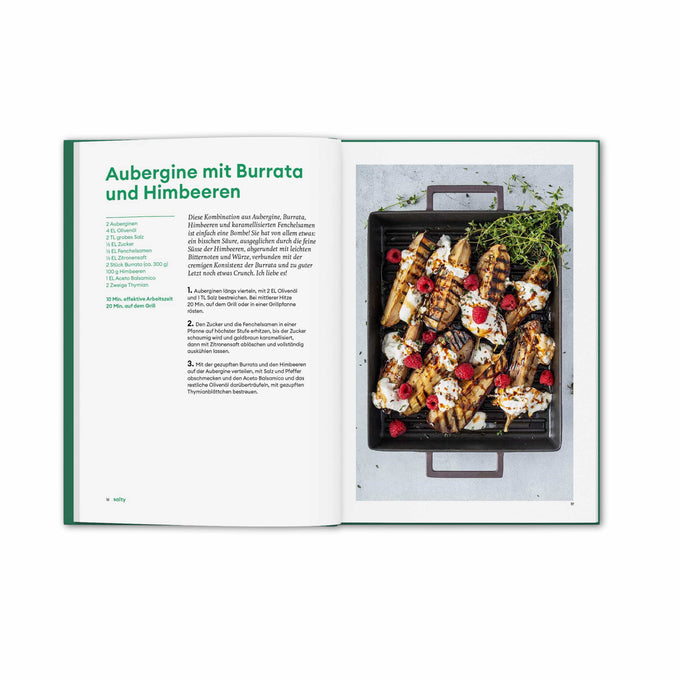 Rezeptanleitung für Aubergine mit Burrata und Himbeeren Seite 16 und 17 aus dem Kochbuch Fresh and Simple